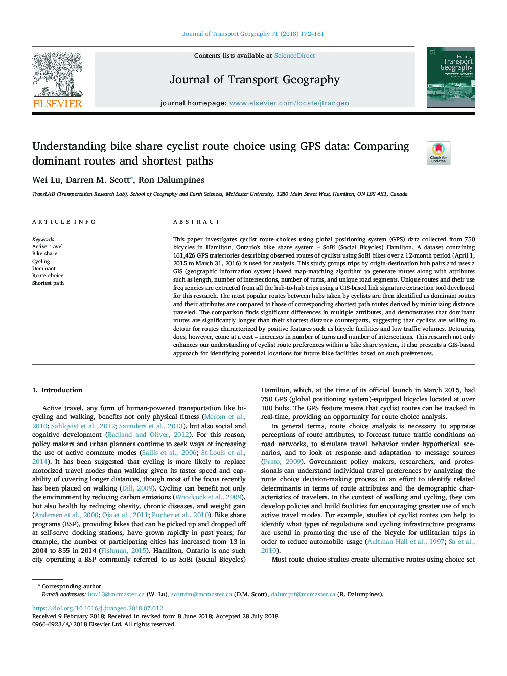 Understanding bike share cyclist route choice using GPS data: Comparing dominant routes and shortest paths