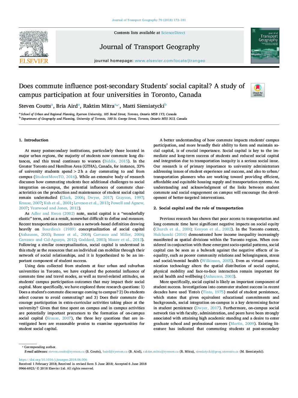 Does commute influence post-secondary Students' social capital? A study of campus participation at four universities in Toronto, Canada