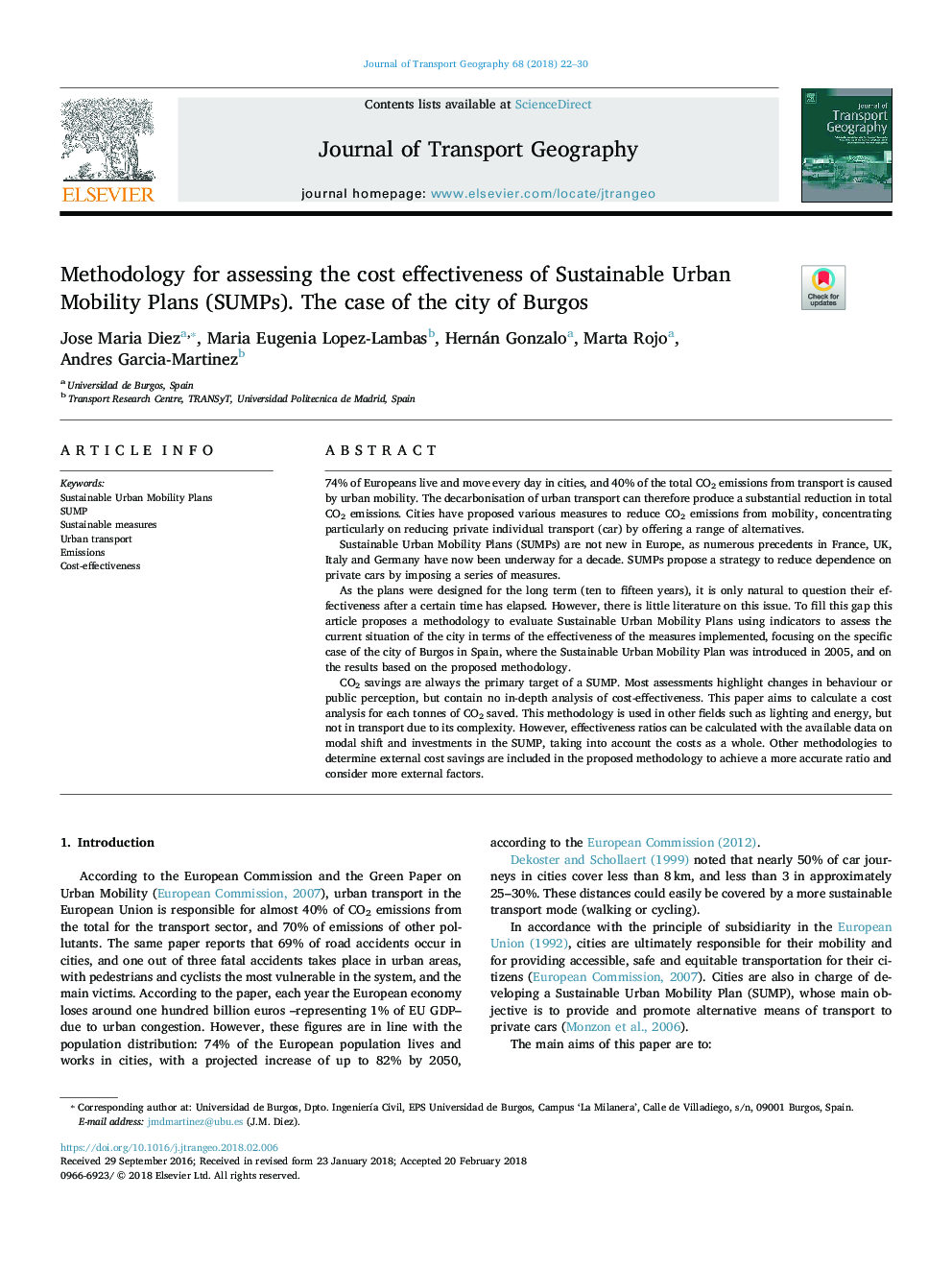 Methodology for assessing the cost effectiveness of Sustainable Urban Mobility Plans (SUMPs). The case of the city of Burgos