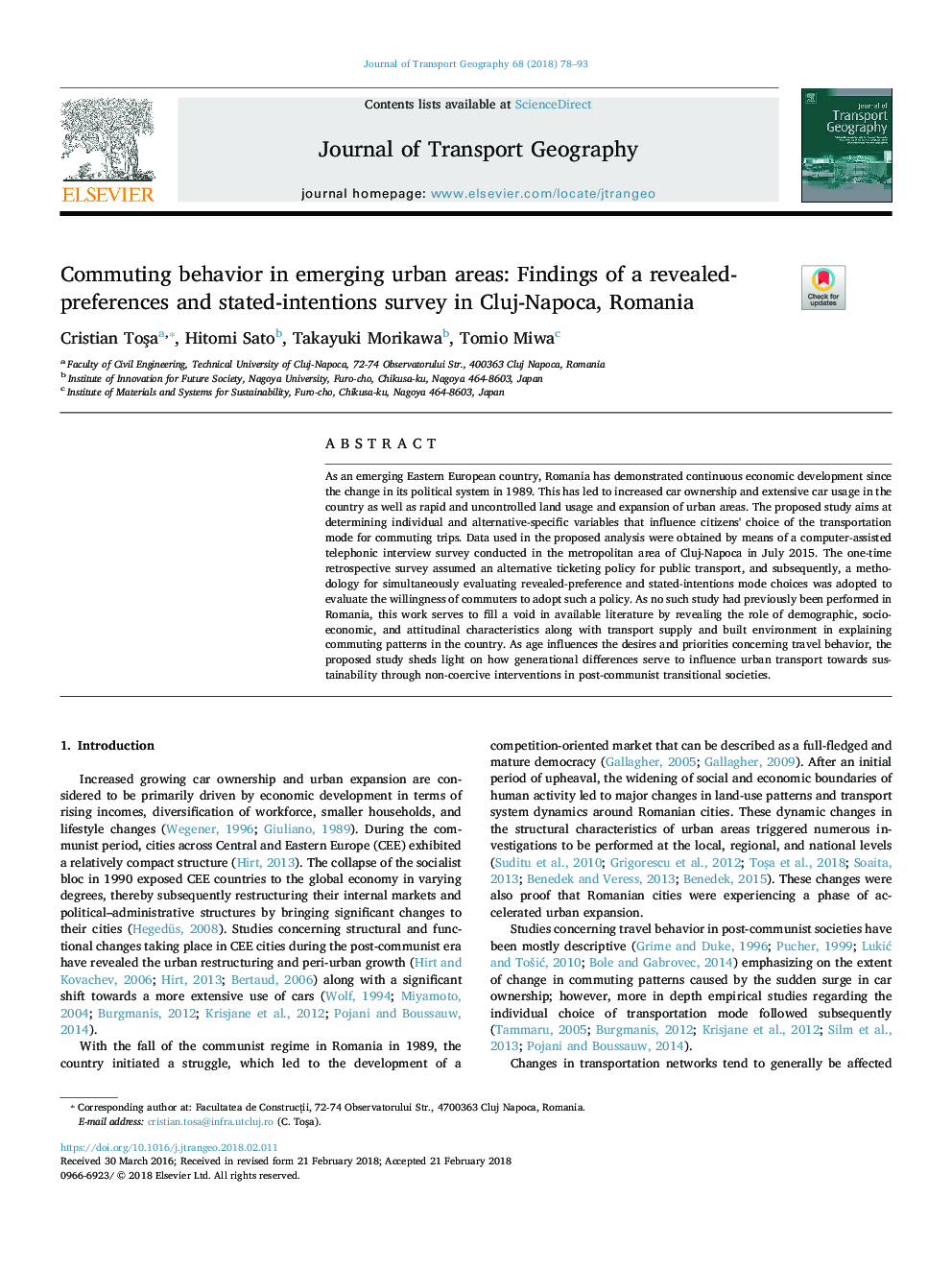 Commuting behavior in emerging urban areas: Findings of a revealed-preferences and stated-intentions survey in Cluj-Napoca, Romania