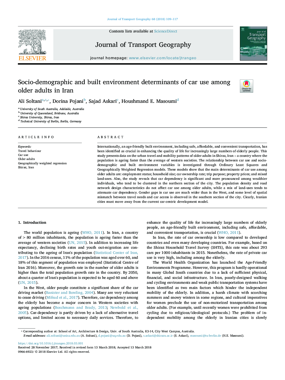 Socio-demographic and built environment determinants of car use among older adults in Iran