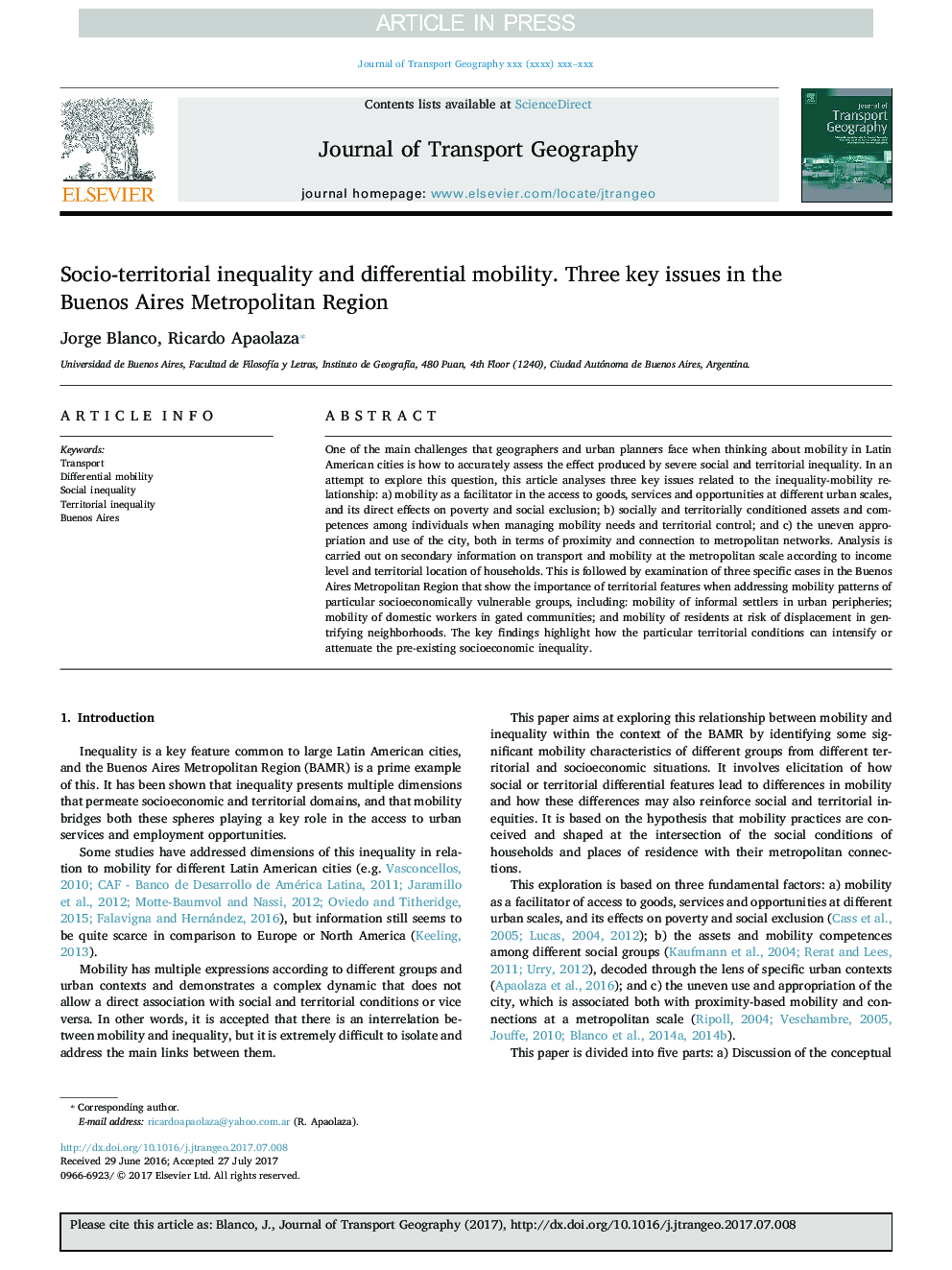 Socio-territorial inequality and differential mobility. Three key issues in the Buenos Aires Metropolitan Region