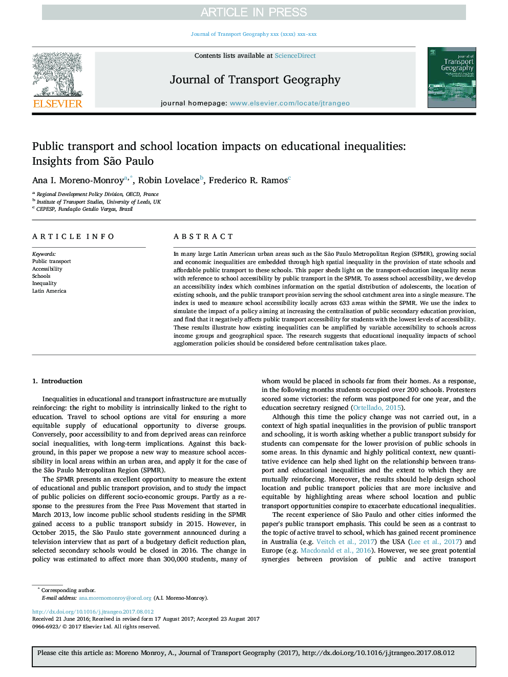 Public transport and school location impacts on educational inequalities: Insights from SÃ£o Paulo