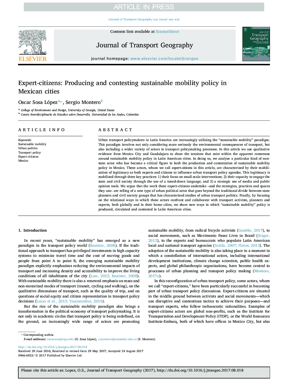 Expert-citizens: Producing and contesting sustainable mobility policy in Mexican cities