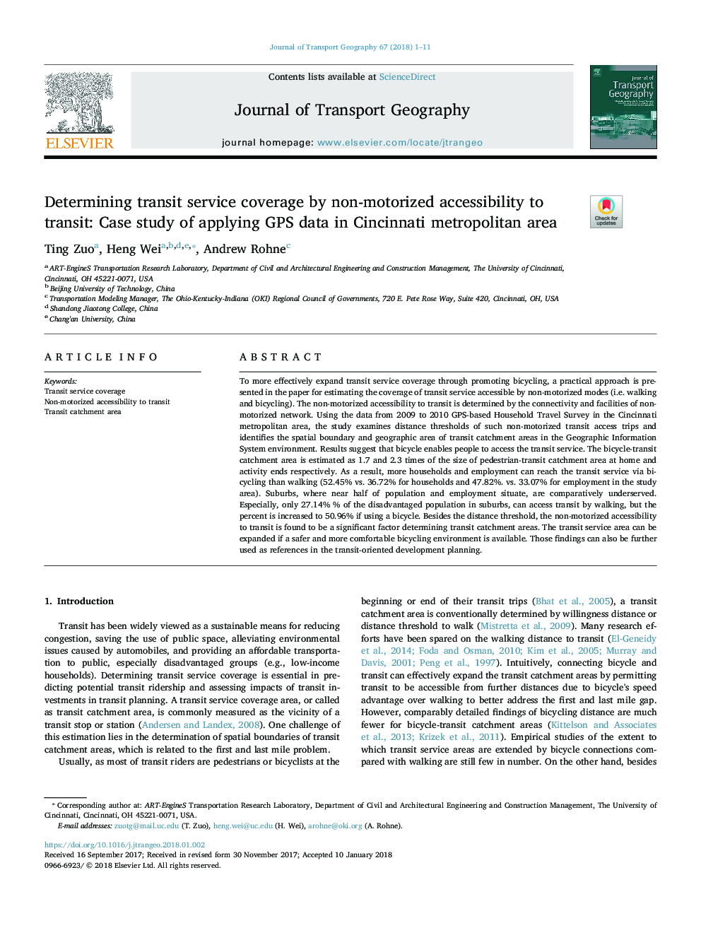 Determining transit service coverage by non-motorized accessibility to transit: Case study of applying GPS data in Cincinnati metropolitan area