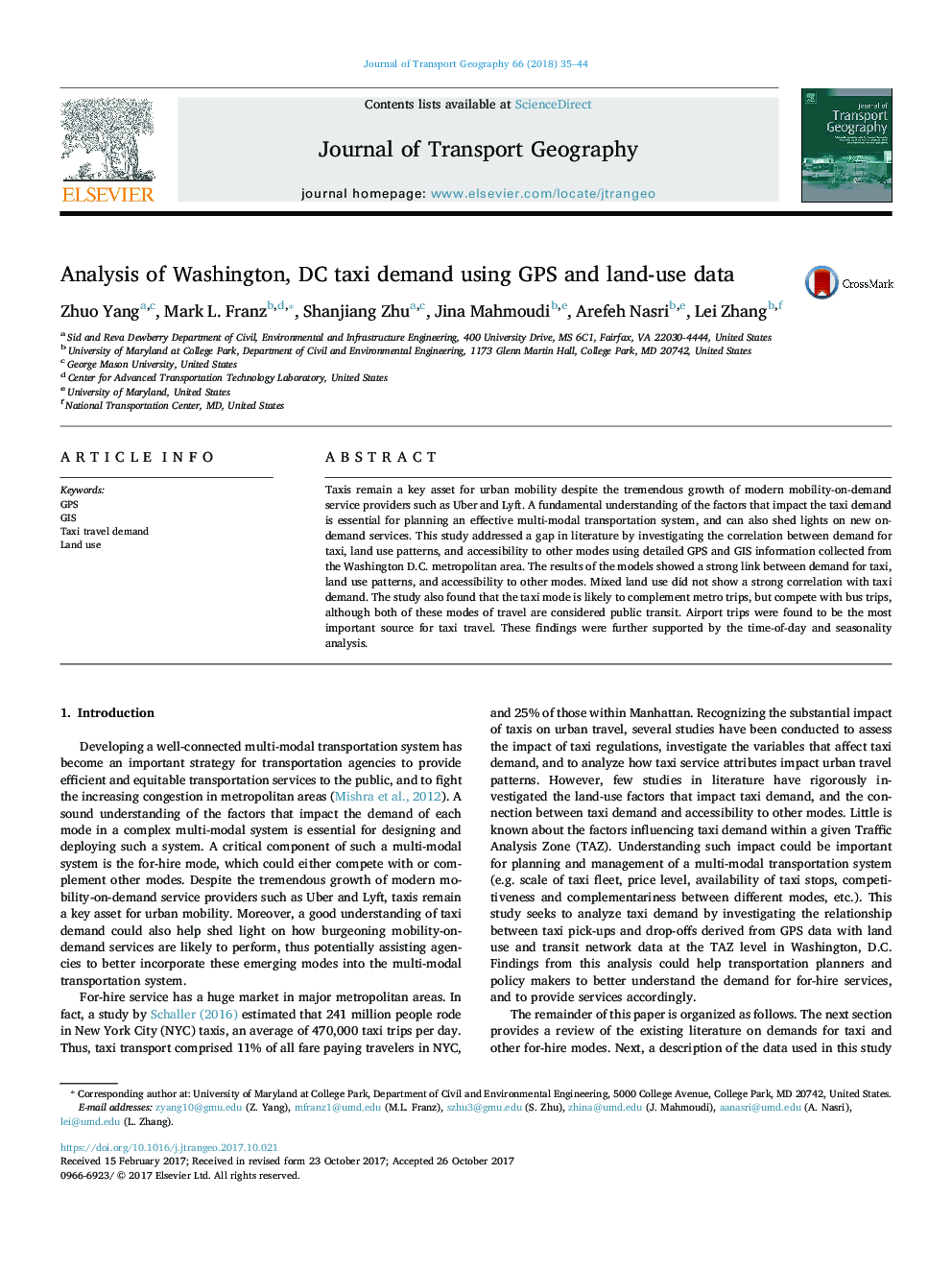 Analysis of Washington, DC taxi demand using GPS and land-use data