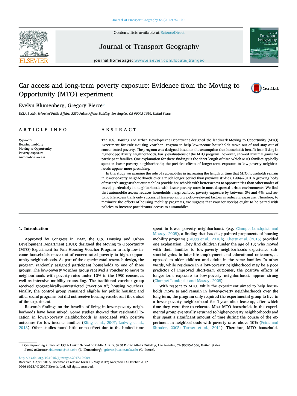 Car access and long-term poverty exposure: Evidence from the Moving to Opportunity (MTO) experiment