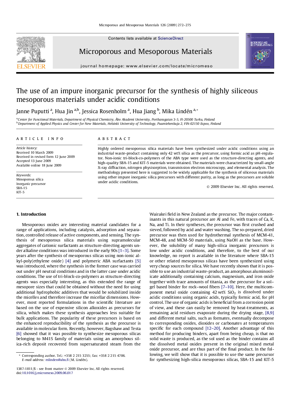 The use of an impure inorganic precursor for the synthesis of highly siliceous mesoporous materials under acidic conditions