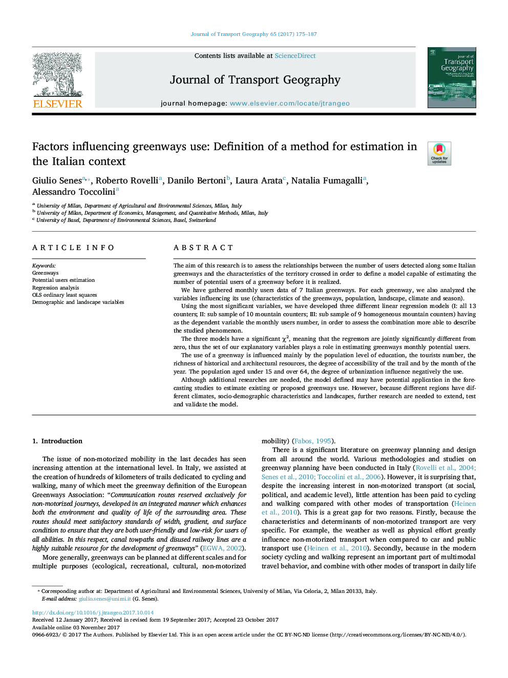 Factors influencing greenways use: Definition of a method for estimation in the Italian context