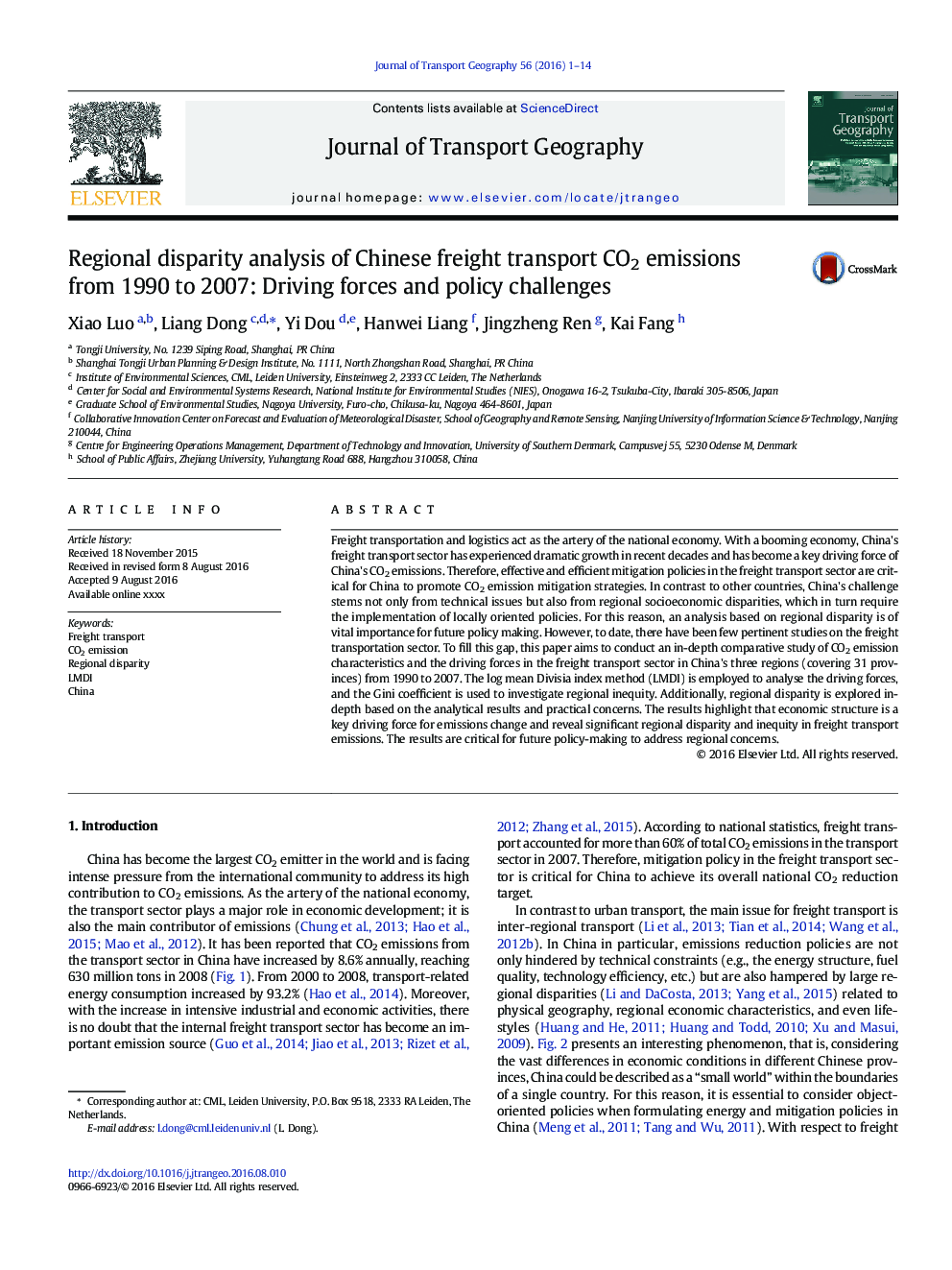 Regional disparity analysis of Chinese freight transport CO2 emissions from 1990 to 2007: Driving forces and policy challenges