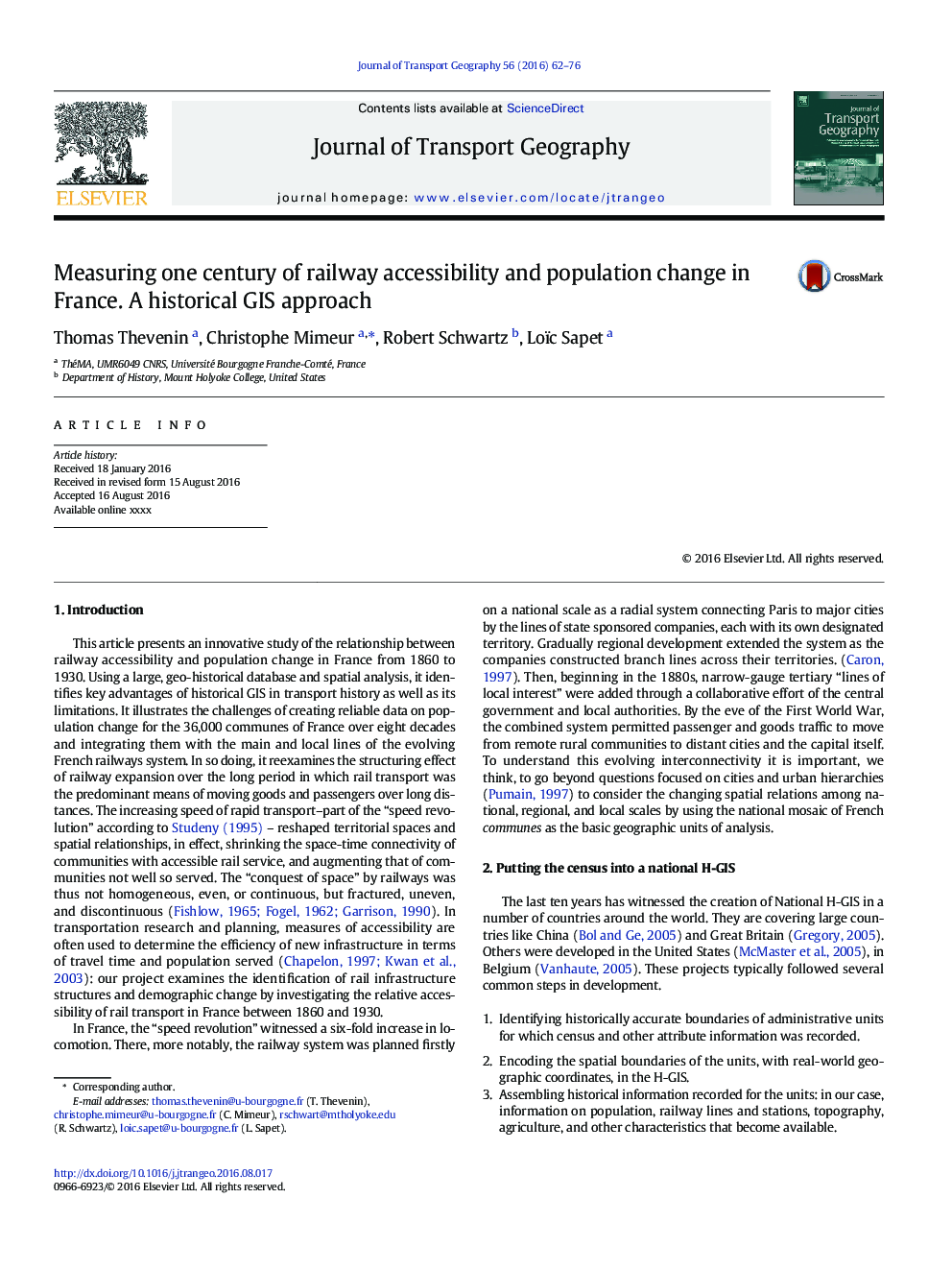 Measuring one century of railway accessibility and population change in France. A historical GIS approach