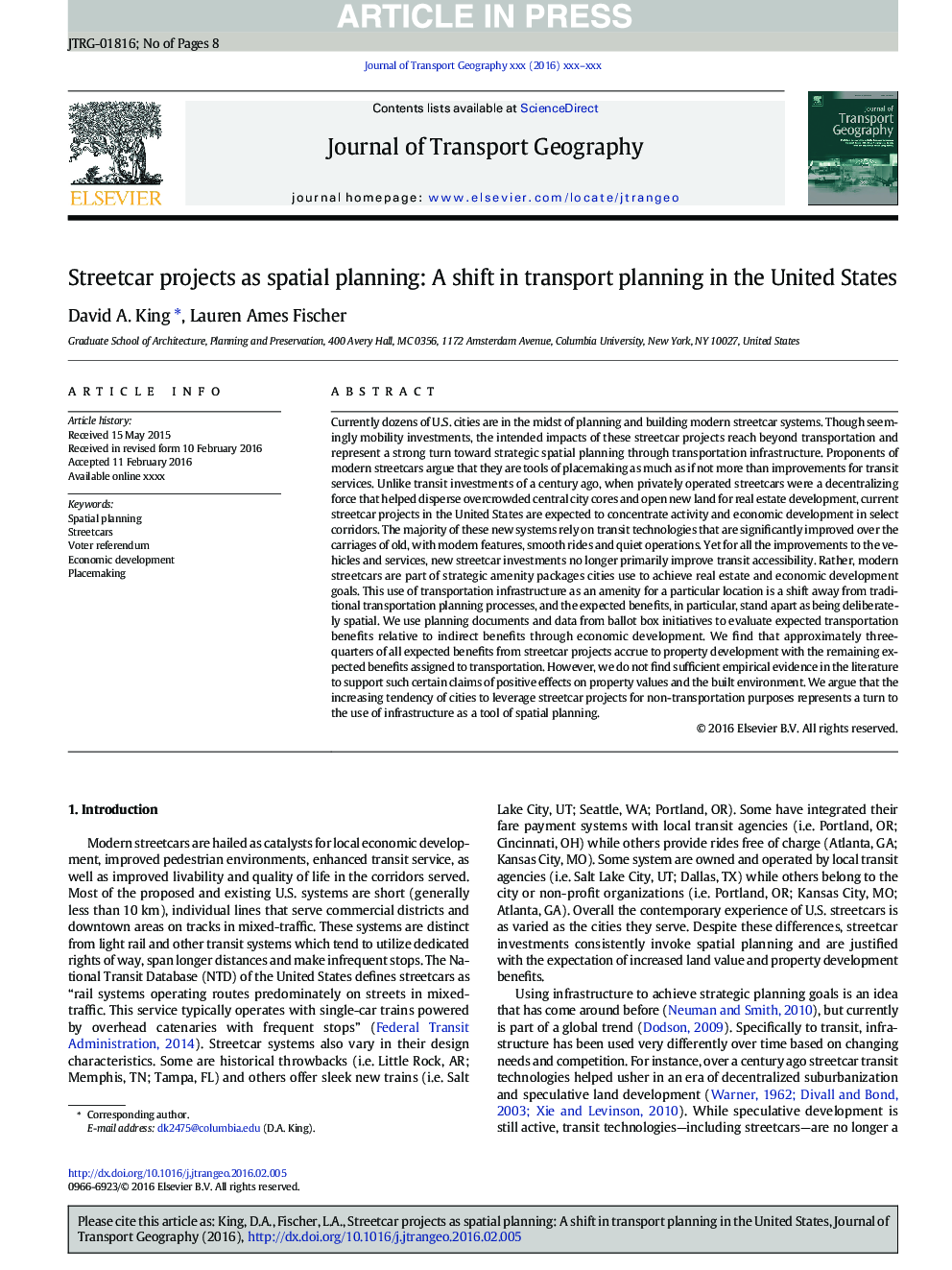 Streetcar projects as spatial planning: A shift in transport planning in the United States