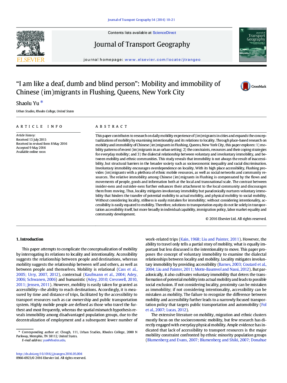 “I am like a deaf, dumb and blind person”: Mobility and immobility of Chinese (im)migrants in Flushing, Queens, New York City