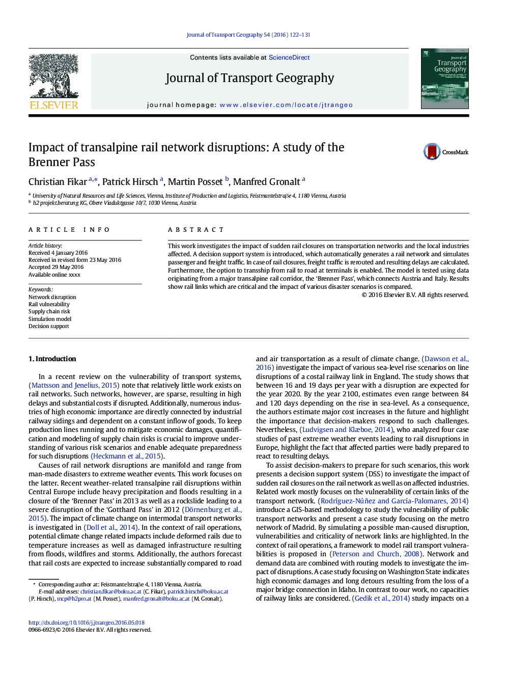 Impact of transalpine rail network disruptions: A study of the Brenner Pass