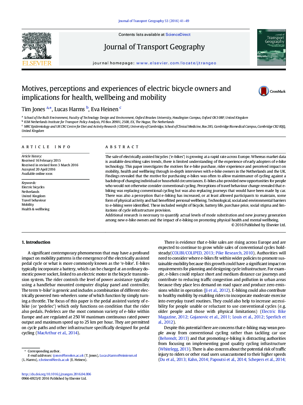 Motives, perceptions and experiences of electric bicycle owners and implications for health, wellbeing and mobility