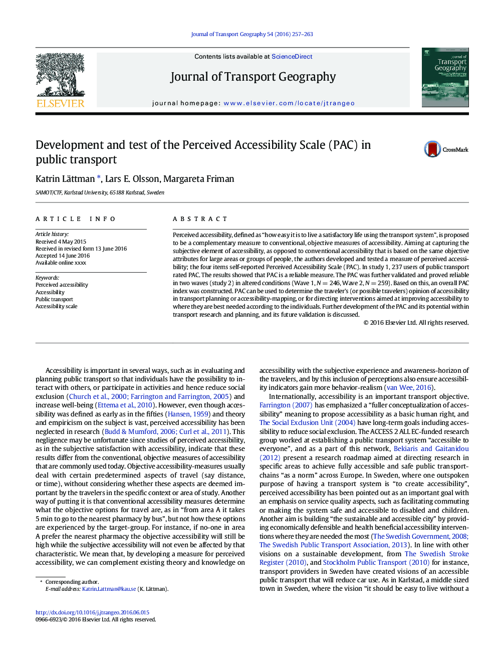 Development and test of the Perceived Accessibility Scale (PAC) in public transport