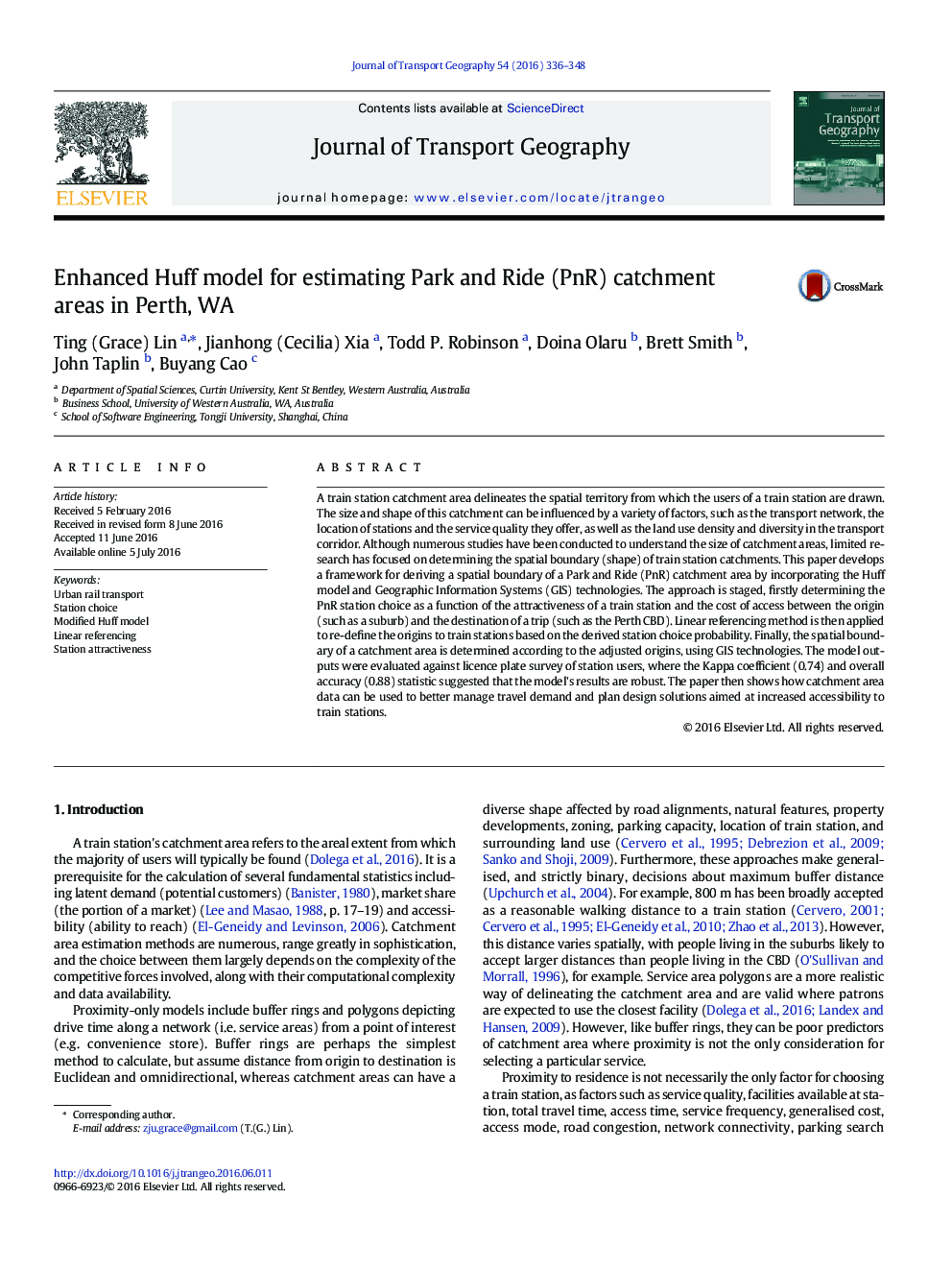 Enhanced Huff model for estimating Park and Ride (PnR) catchment areas in Perth, WA