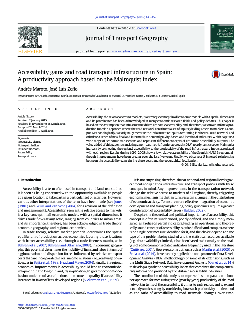 Accessibility gains and road transport infrastructure in Spain: A productivity approach based on the Malmquist index