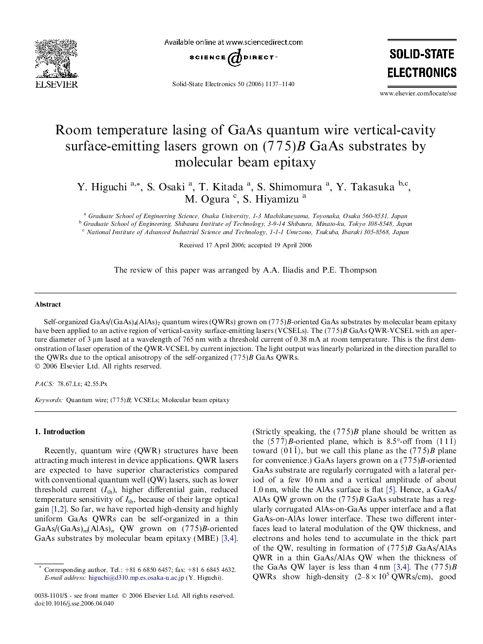 Room temperature lasing of GaAs quantum wire vertical-cavity surface-emitting lasers grown on (7Â 7Â 5)B GaAs substrates by molecular beam epitaxy