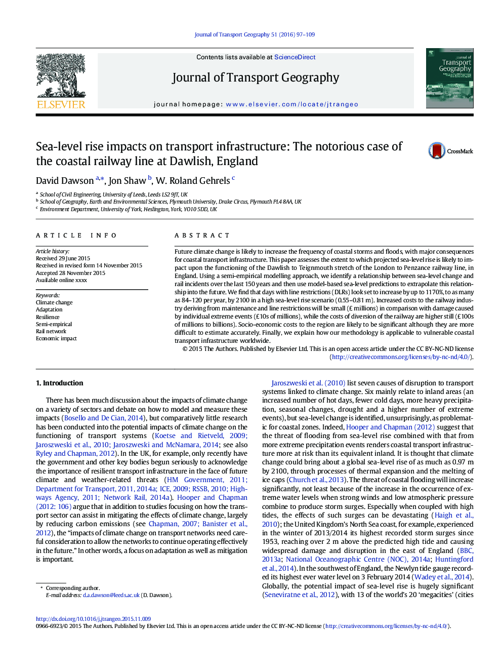 Sea-level rise impacts on transport infrastructure: The notorious case of the coastal railway line at Dawlish, England