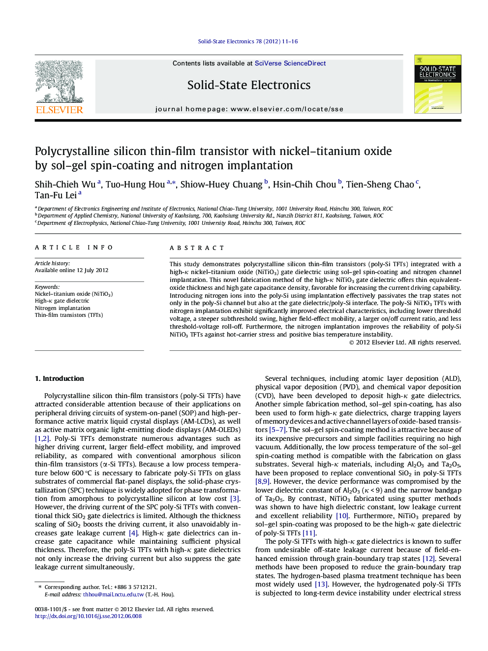 Polycrystalline silicon thin-film transistor with nickel–titanium oxide by sol–gel spin-coating and nitrogen implantation