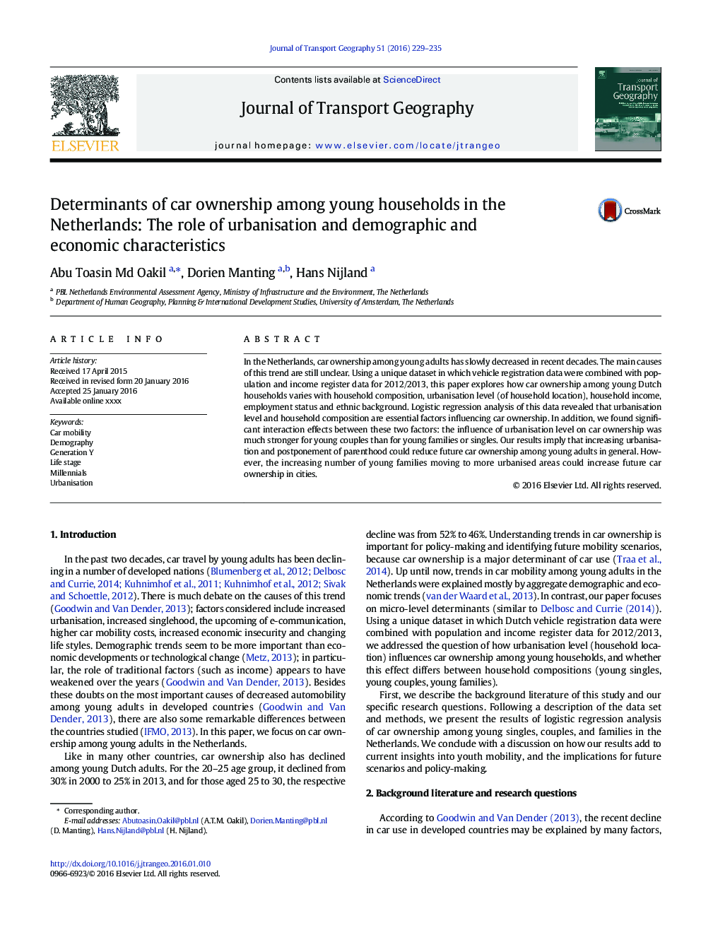 Determinants of car ownership among young households in the Netherlands: The role of urbanisation and demographic and economic characteristics