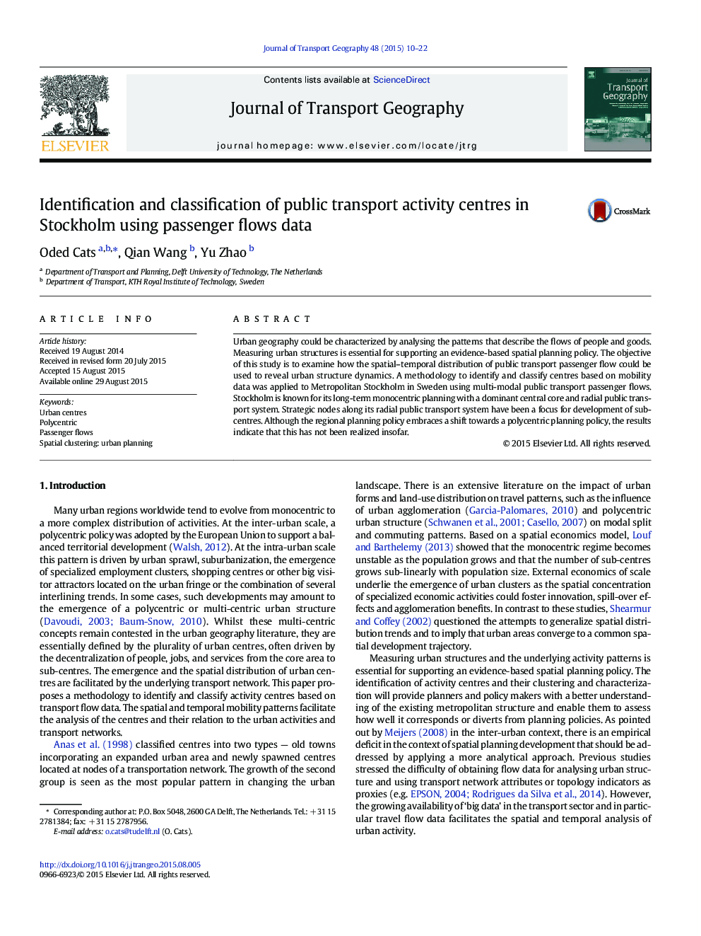 Identification and classification of public transport activity centres in Stockholm using passenger flows data