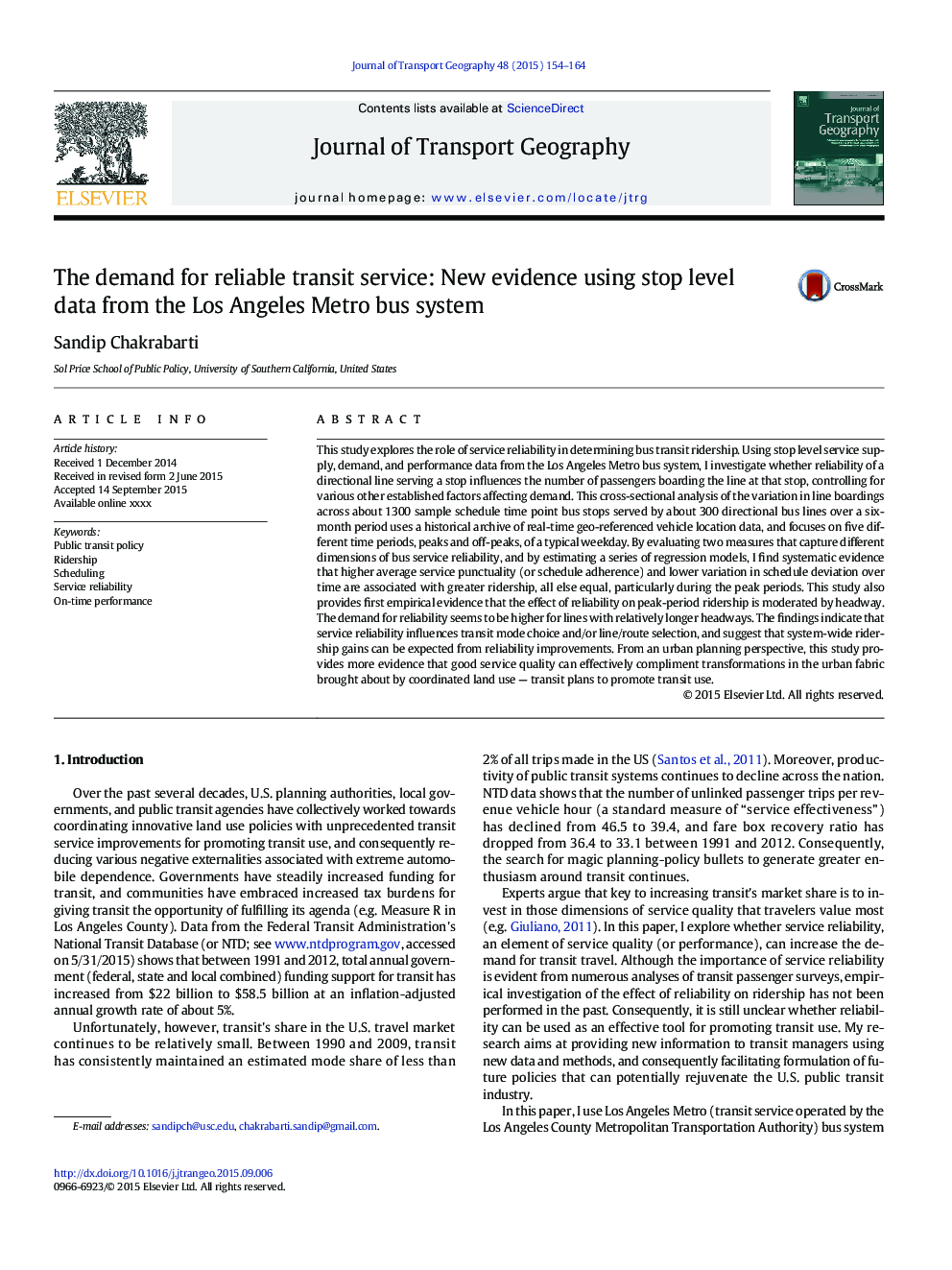 The demand for reliable transit service: New evidence using stop level data from the Los Angeles Metro bus system