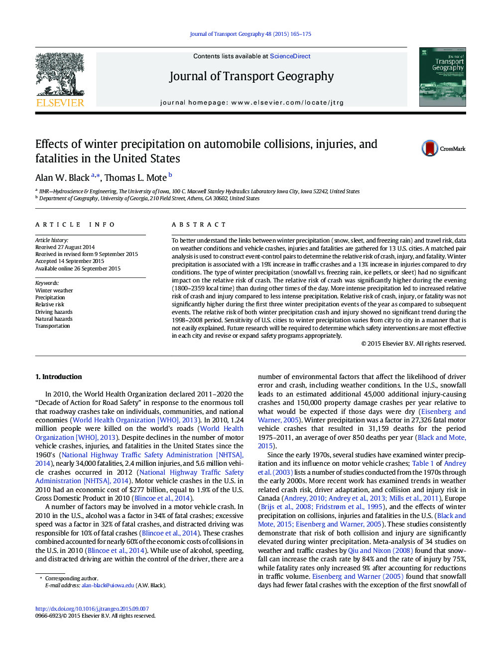 Effects of winter precipitation on automobile collisions, injuries, and fatalities in the United States