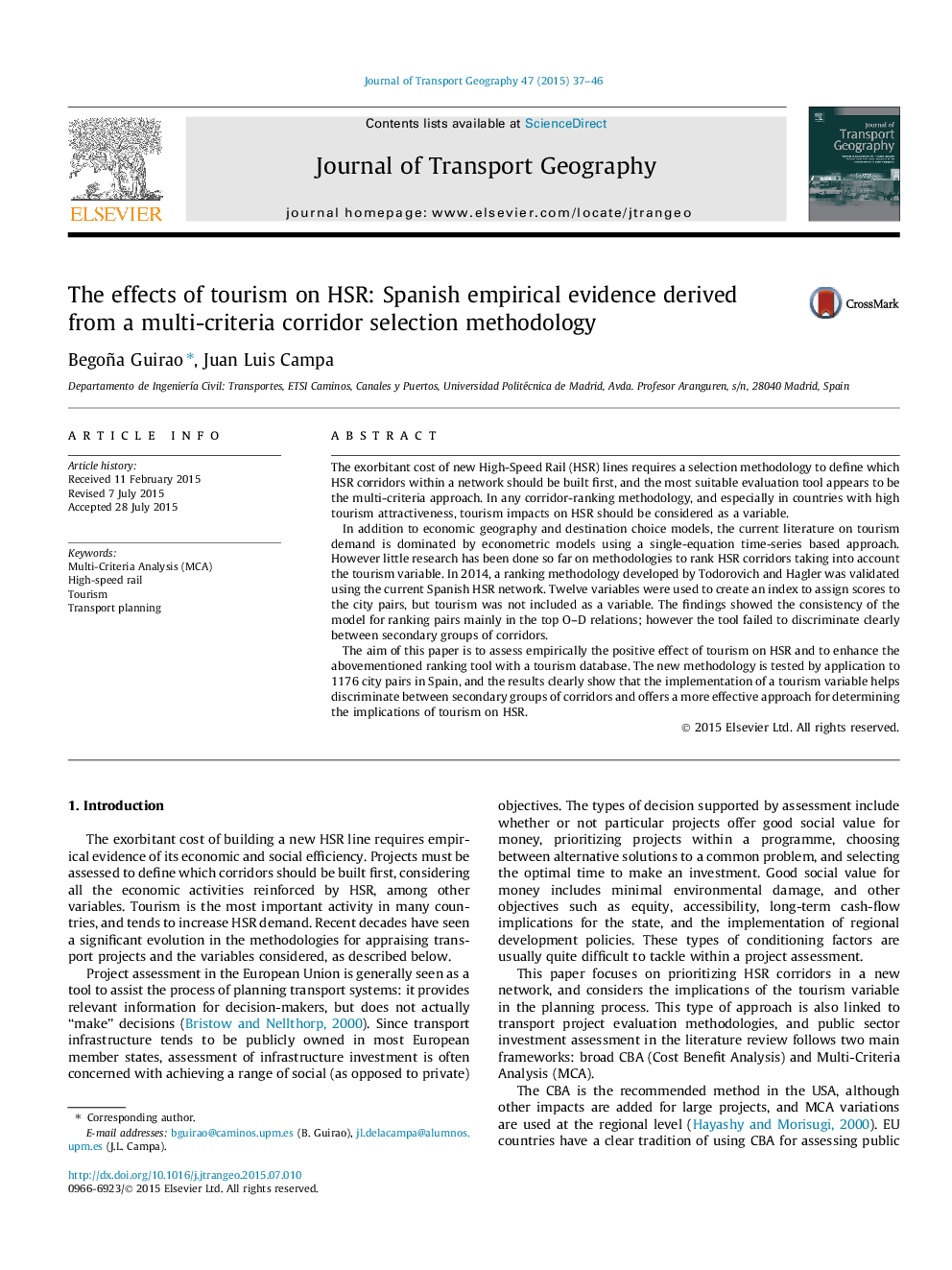 The effects of tourism on HSR: Spanish empirical evidence derived from a multi-criteria corridor selection methodology