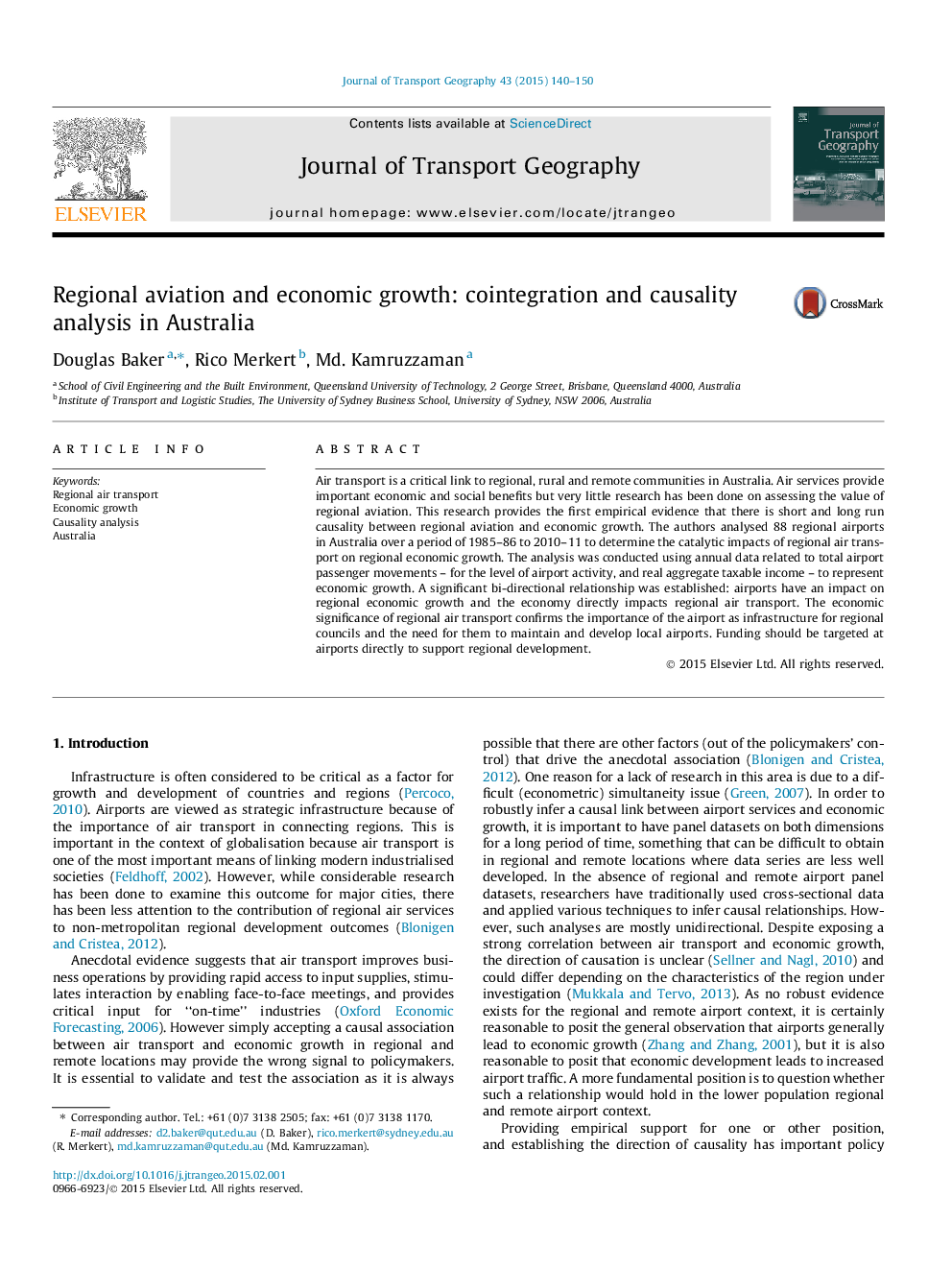 Regional aviation and economic growth: cointegration and causality analysis in Australia