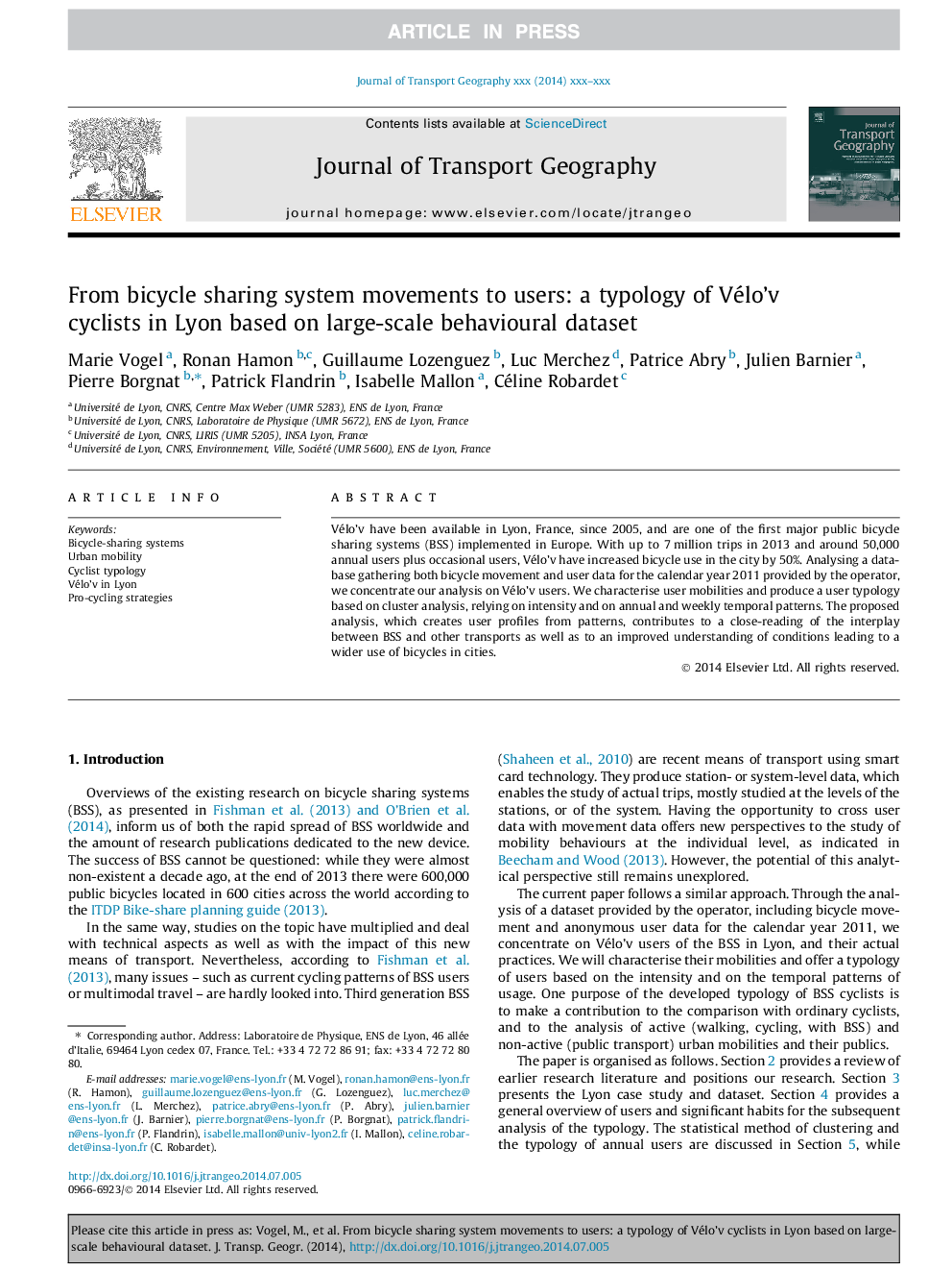 From bicycle sharing system movements to users: a typology of Vélo'v cyclists in Lyon based on large-scale behavioural dataset