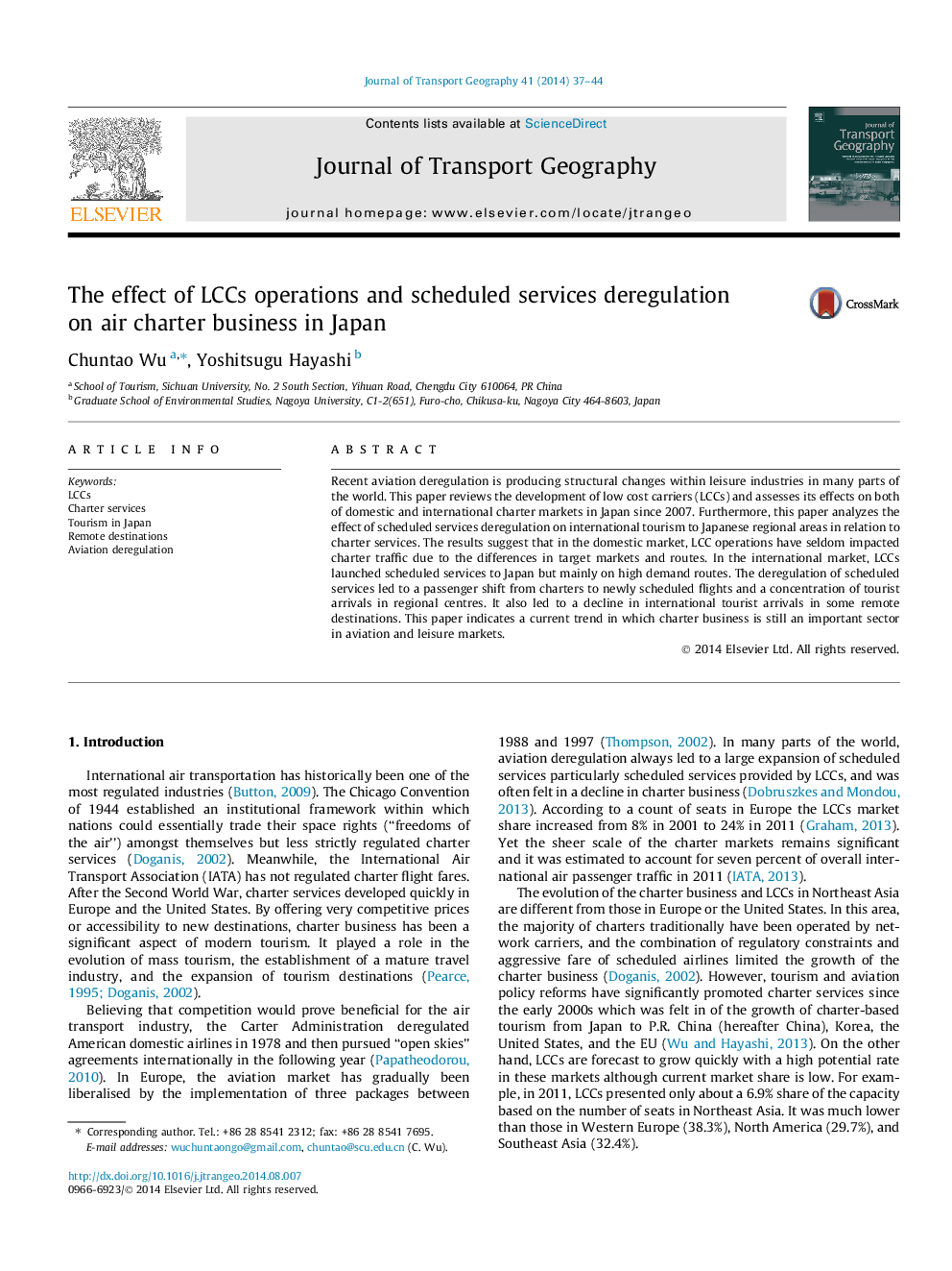 The effect of LCCs operations and scheduled services deregulation on air charter business in Japan