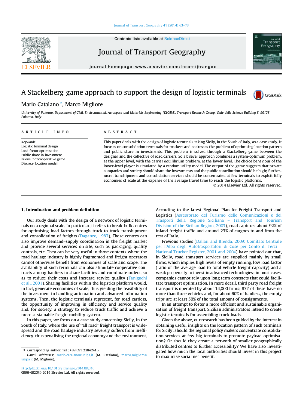 A Stackelberg-game approach to support the design of logistic terminals