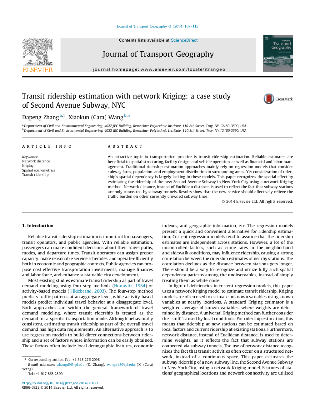 Transit ridership estimation with network Kriging: a case study of Second Avenue Subway, NYC