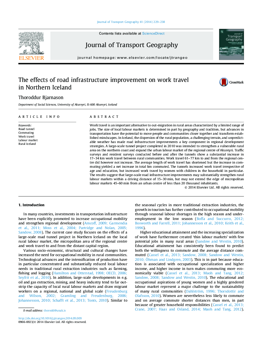 The effects of road infrastructure improvement on work travel in Northern Iceland