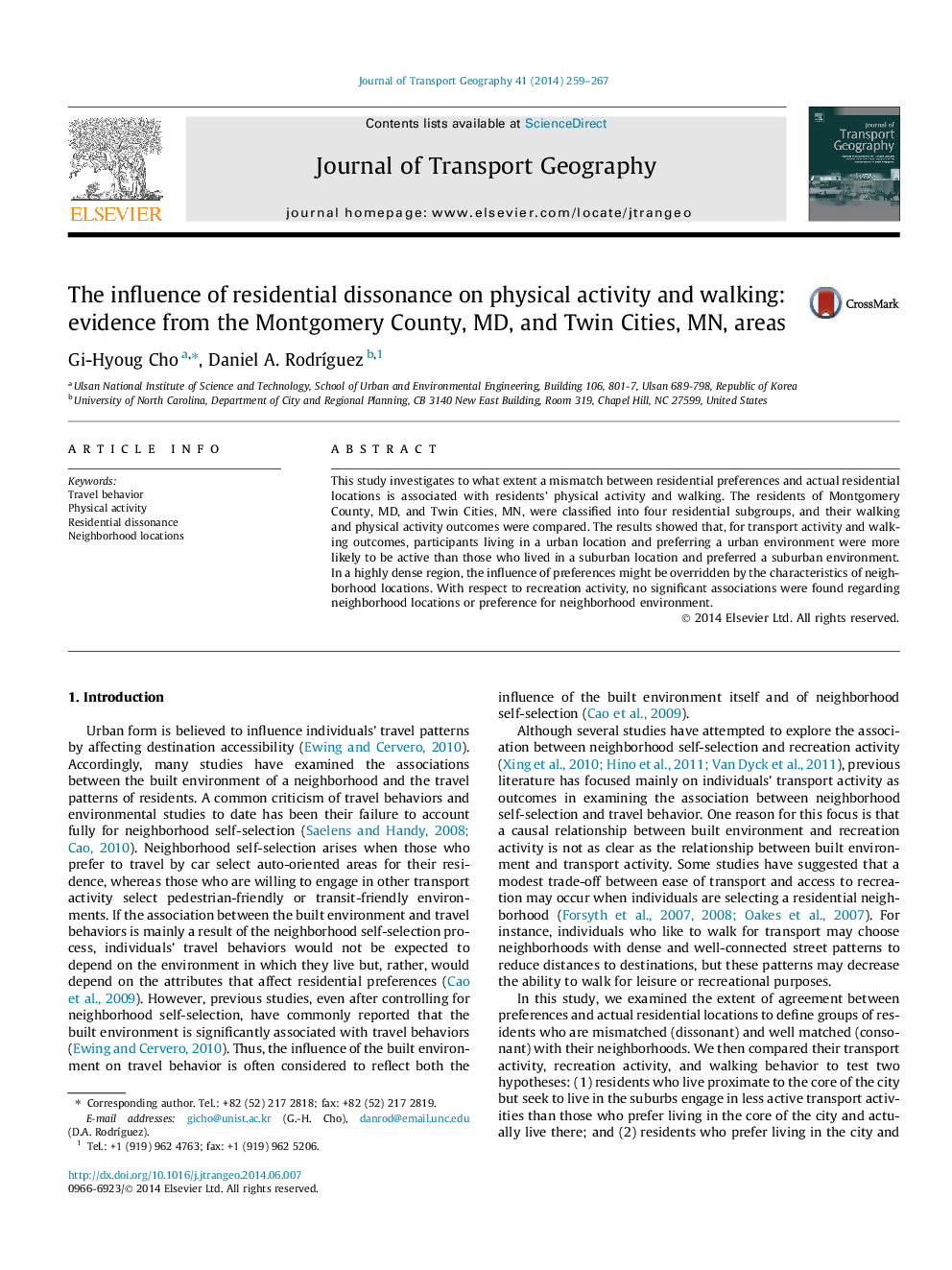 The influence of residential dissonance on physical activity and walking: evidence from the Montgomery County, MD, and Twin Cities, MN, areas