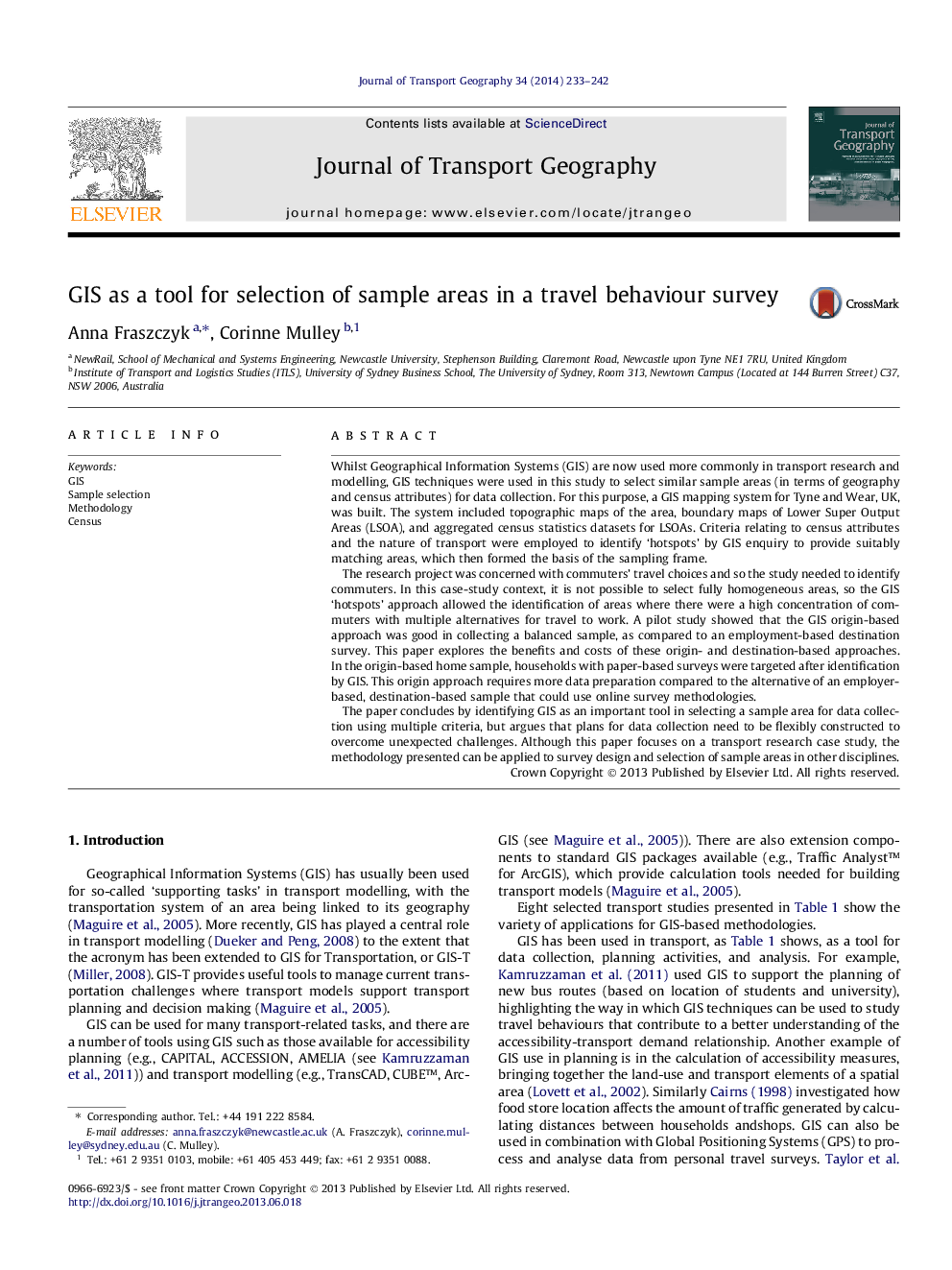 GIS as a tool for selection of sample areas in a travel behaviour survey