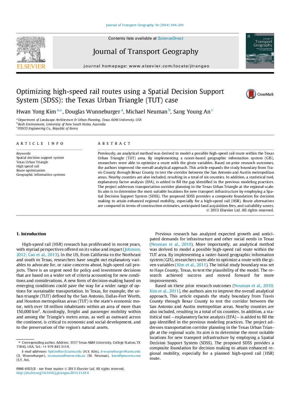 Optimizing high-speed rail routes using a Spatial Decision Support System (SDSS): the Texas Urban Triangle (TUT) case