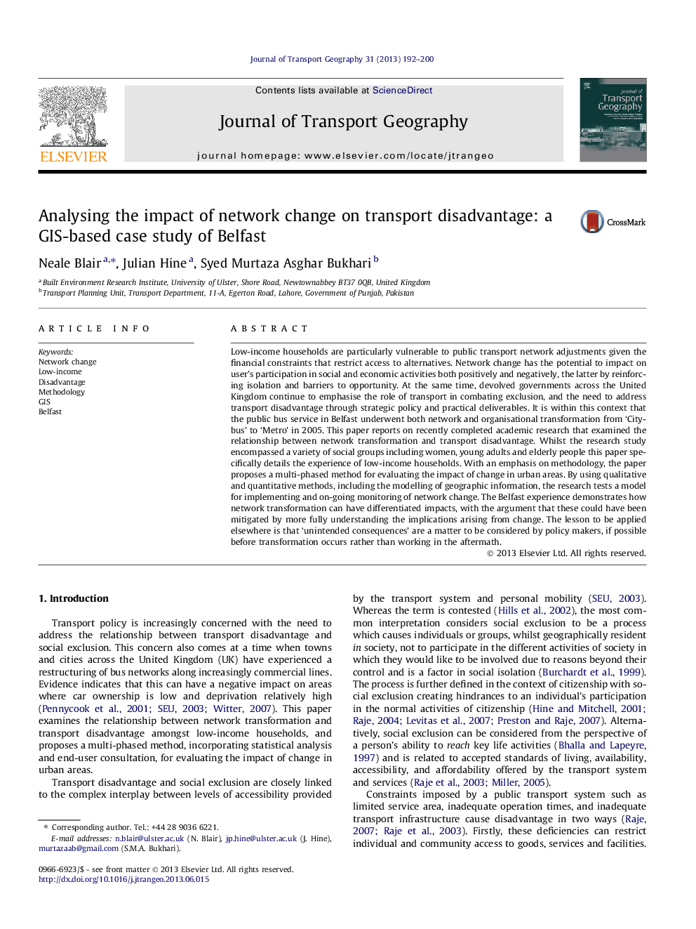 Analysing the impact of network change on transport disadvantage: a GIS-based case study of Belfast