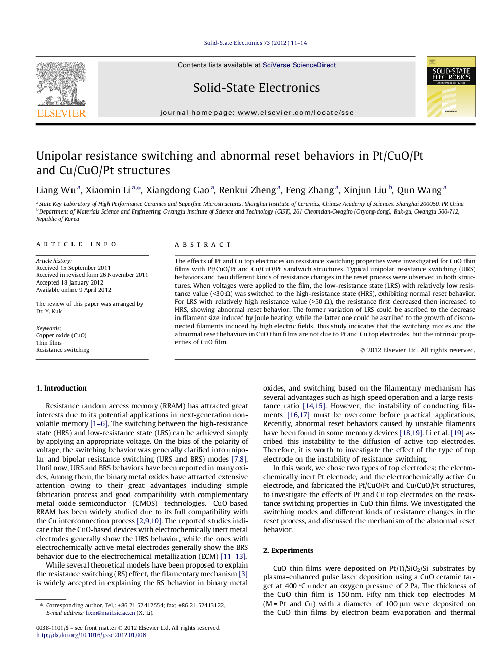 Unipolar resistance switching and abnormal reset behaviors in Pt/CuO/Pt and Cu/CuO/Pt structures