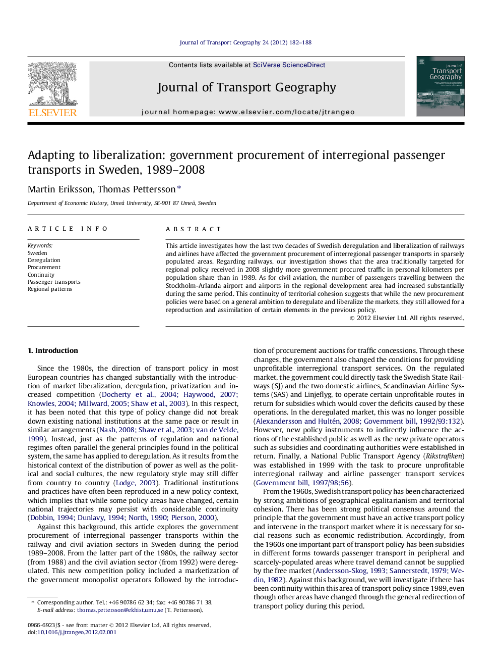 Adapting to liberalization: government procurement of interregional passenger transports in Sweden, 1989-2008