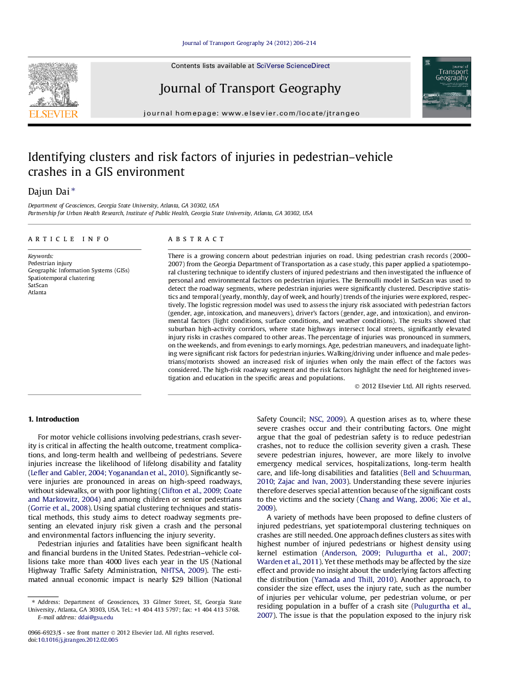 Identifying clusters and risk factors of injuries in pedestrian-vehicle crashes in a GIS environment