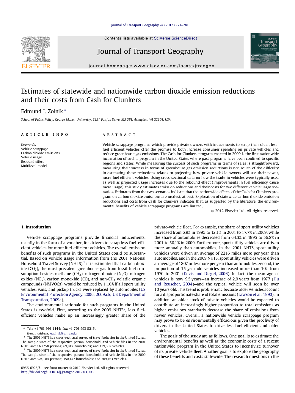عکس صفحه اول مقاله: Estimates of statewide and nationwide carbon dioxide emission reductions and their costs from Cash for Clunkers Estimates of statewide and nationwide carbon dioxide emission reductions and their costs from Cash for Clunkers