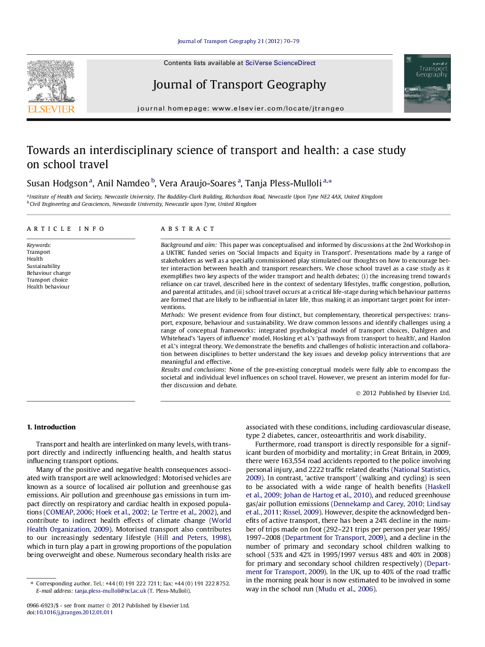 Towards an interdisciplinary science of transport and health: a case study on school travel