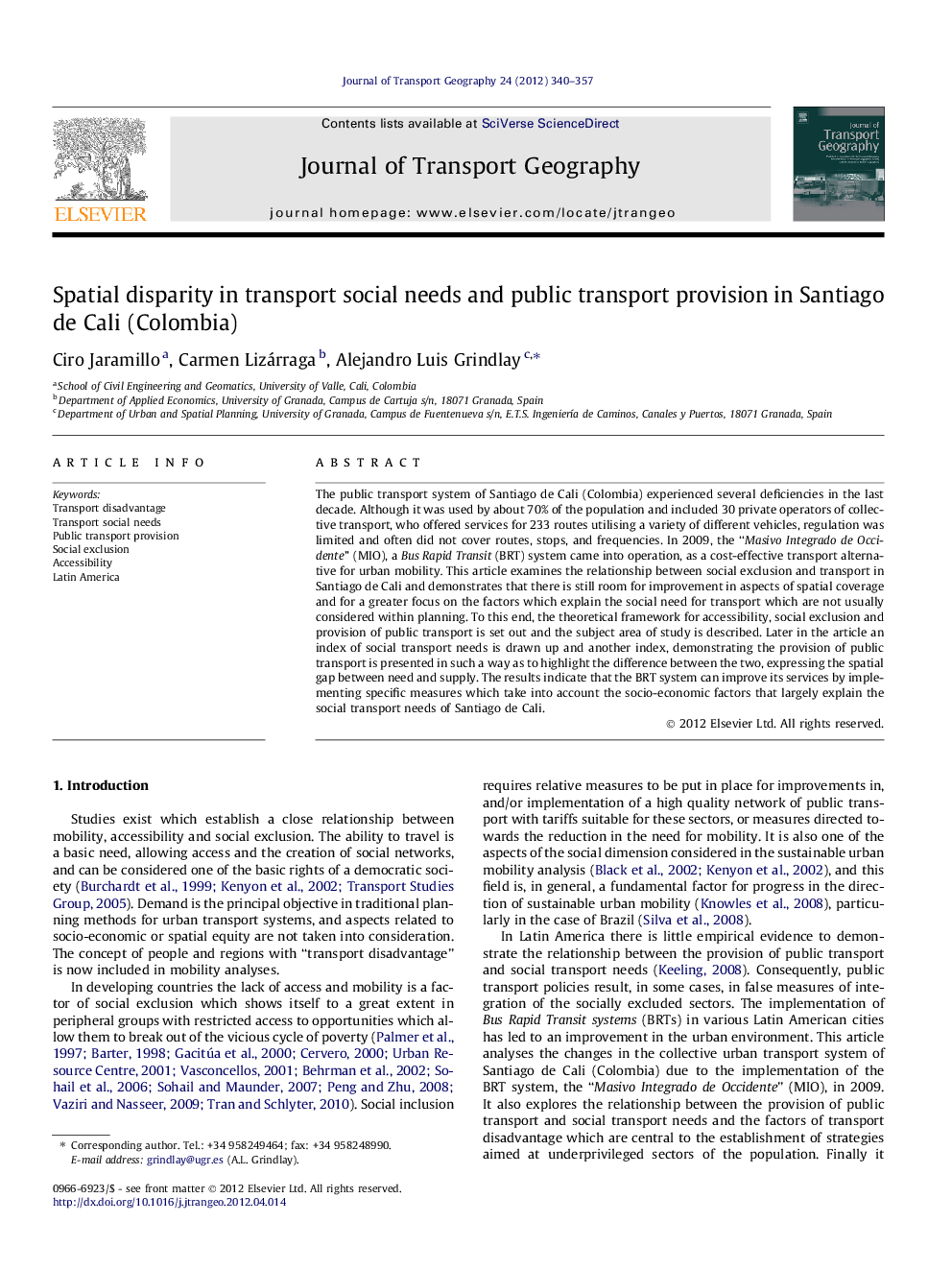 Spatial disparity in transport social needs and public transport provision in Santiago de Cali (Colombia)