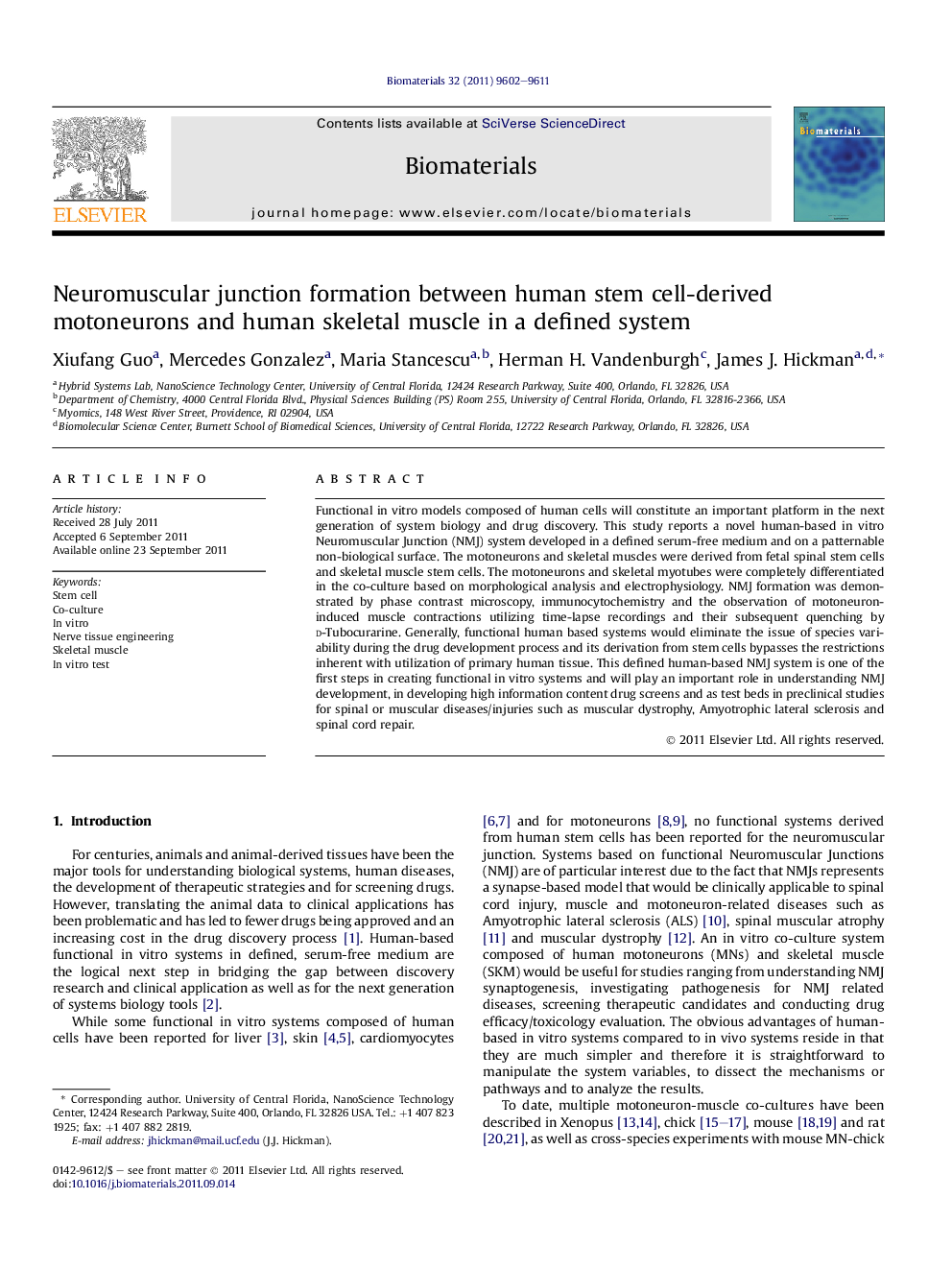 Neuromuscular junction formation between human stem cell-derived motoneurons and human skeletal muscle in a defined system