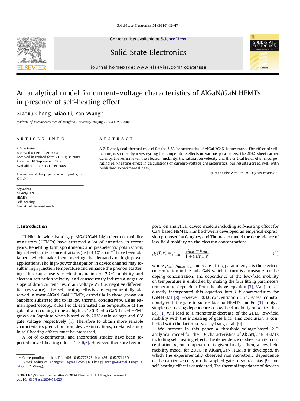 An analytical model for current–voltage characteristics of AlGaN/GaN HEMTs in presence of self-heating effect