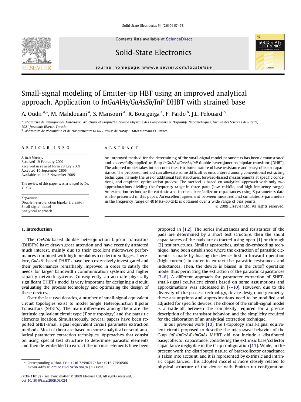 Small-signal modeling of Emitter-up HBT using an improved analytical approach. Application to InGaAlAs/GaAsSb/InP DHBT with strained base