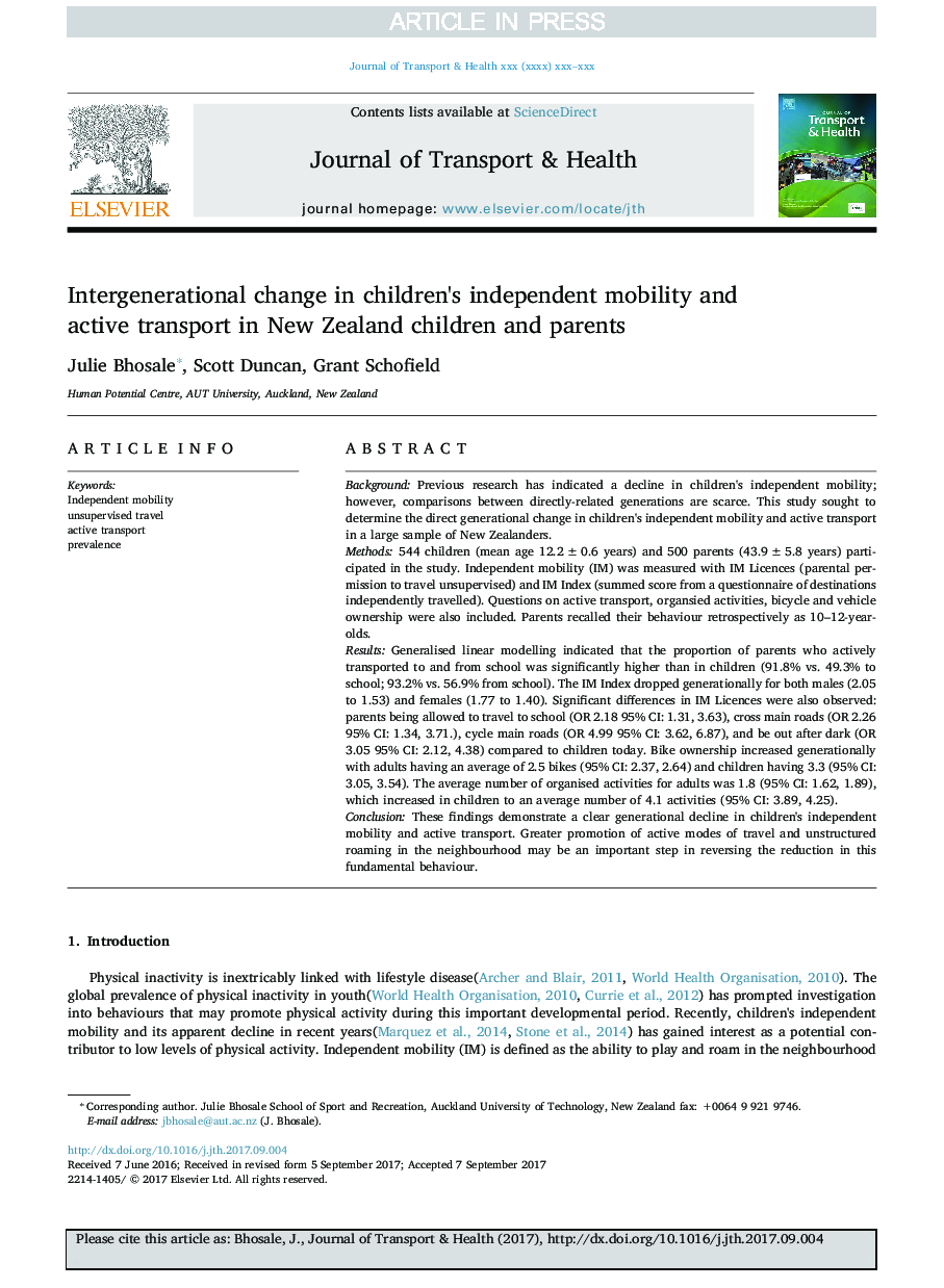 تغییر بین نسلی در تحرک مستقل کودکان و حمل و نقل فعال در کودکان و والدین نیوزیلند 